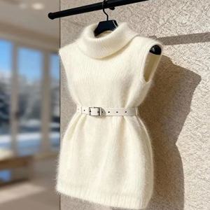 우아한 화이트 니트 드레스, 베스트 오버랩 하이 칼라, 루즈핏 여성 패션 캐주얼 파티웨어, UV 차단