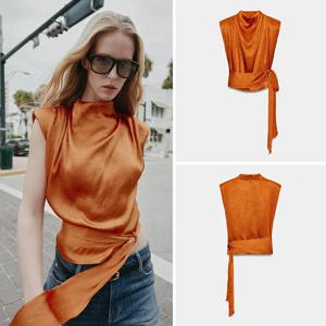 봄 신상 여성 하이넥 슬리브리스 실크 새틴 질감 나비 매듭 탑 에스닉 무대 의상 여성 패션