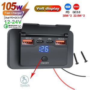 108W 4포트 12V RV USB 콘센트 90W PD 및 QC 3.0 18W 포트 차량용 충전기 소켓 액세서리 스위치 포함 자동차 버스 RV용