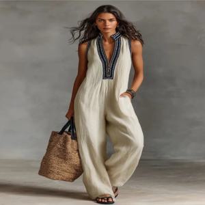 여성용 새로운 민소매 점프슈트 여름 패션 스탠드 칼라 루즈 포켓 와이드 레그 팬츠 점프슈트 여성용 휴일 파티 점프슈트