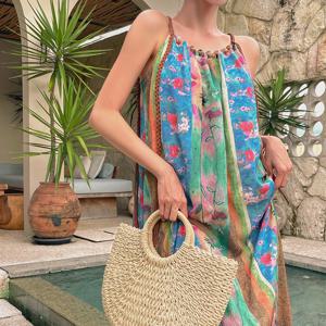 [하프클럽] 오리엔탈 비치 원피스 OP20066F 에스닉 루즈핏 구슬 홀터넥 플라워 롱 휴양지 바캉스룩