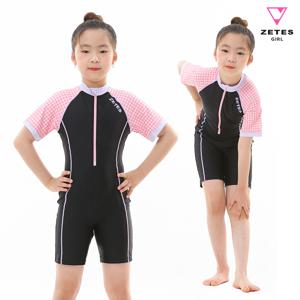 여아동 올인원 집업 반팔 3부 수영복 핑크체크 G_2i064