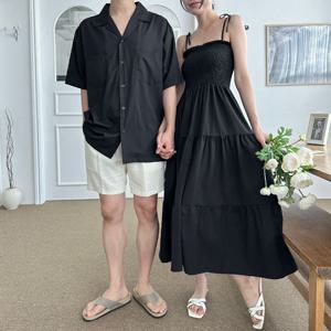 여름 스냅 커플룩 남녀 블랙 반팔 셔츠 민소매 원피스 커플룩 시밀러룩 여름커플룩