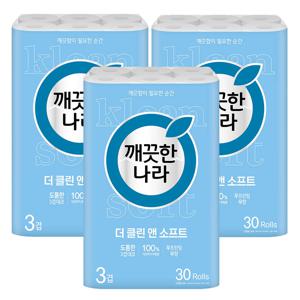 깨끗한 나라 더 클린앤소프트 3겹 더블쿠션엠보 30m 30롤x3팩