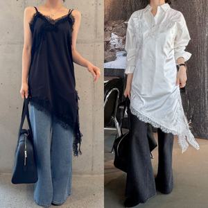 [하프클럽] 새틴 슬립 원피스 롱 레이스 레이어드 끈나시 뷔스티에 언발 트임 란제리룩