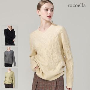 [최초가 44,800원] 로에드 메탈 V넥 여성 케이블 니트