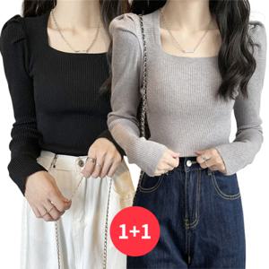 [브리치]  / NK3580 여성 1 + 1 셔링 골지 스퀘어넥 긴팔 니트티