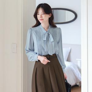 (~XL까지) 앨리앤 타이넥 진주버튼 핀턱 페미닌 블라우스 봄,가을 하객룩 오피스룩 격식룩 데이트룩