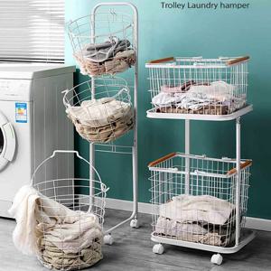 이동식 스틸 빨래바구니 사각 2단 이동식 철재메쉬 트롤리 바구니 분리수거