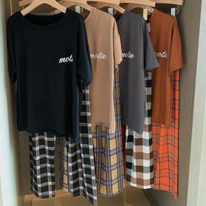 여성 홈웨어 실내복 잠옷 파자마 여자 집에서입는옷 반팔 티셔츠 체크 긴바지 세트