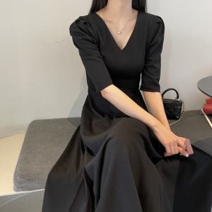 [브리치] 클루이가넷 / 브이넥 반팔 롱원피스 블랙 결혼식 하객룩