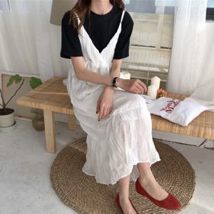 [화이트/당일배송] 쭈글 뷔스티에 주름 브이넥 롱원피스 (속치마o)