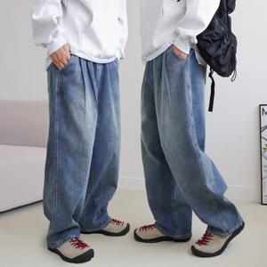 남자 와이드 데님팬츠 통청바지 투턱 스판 밴딩 청바지