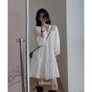 [하프클럽] 에스닉 퍼프 루즈핏 레이스 캉캉 화이트 미니 원피스