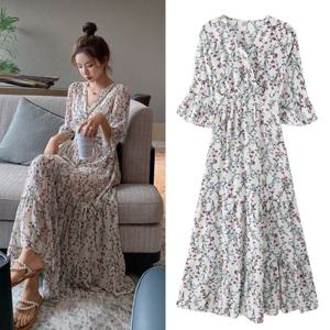 여성 편한 플라워 롱 여름 반팔 바캉스 쉬폰 원피스 여름원피스 휴양지원피스 여성원피스