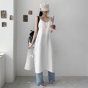 [레이어드/체형커버] 비글 리본 레이어링 롱 뷔스티에 원피스, 어깨 길이 조절 슬릿 포인트 브이넥 트임 슬립 원피스