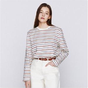 [롯데백화점]여성 봄 가을 간절기 오버핏 멀티 스트라이프 라운드 긴팔 면 티셔츠 326506