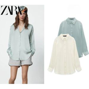 ZARA 자라 긴팔 실크 새틴 여자 블라우스 봄 가을 흰남방 민트색 루즈핏 3666061