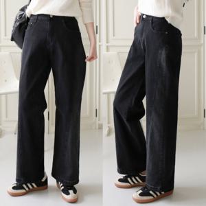 여성 사선 절개 청바지 밴딩 흑청 데님 와이드 팬츠 옆절개 빅사이즈 S M L XL 봄 블랙진