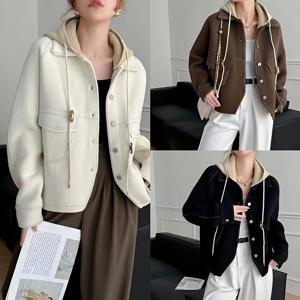 여자 봄 가을 니트 후드 모직 자켓 루즈핏 숏 자켓