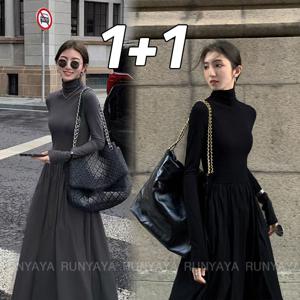 1+1 블랙 롱 원피스 a라인 여성 롱치마 빅사이즈 슬림 여자 긴팔 원피스 세미 정장 해객룩