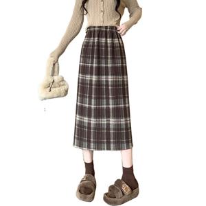 모직 체크 스커트 여자 겨울 기모 두께 중장 스트레이트 뒤 트임 힙 한걸음 스커트