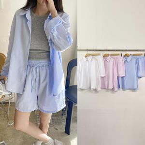 여성 지지미 셔츠 세트 반바지 스트라이프 여름 시어서커 밴딩 바지 상하 셋업