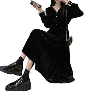 블랙 원피스 2025 가을 겨울 신상 벨벳 V넥 슬림핏 롱 스커트