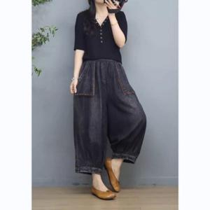 여성빅사이즈통바지 데님 청 항아리 밴딩 배기팬츠 와이드 캐주얼 가을 편한 루즈핏