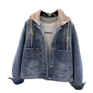 여자 후드 청자켓 루즈핏 자수 데님 자켓