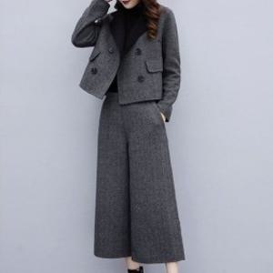 여성 가을 모직 숏자겟 와이드 팬츠 투피스 데일리 캐주얼 정장 상하세트