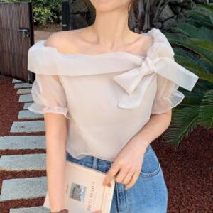 여자 봄 하객룩 오프숄더 리본 쉬폰 시스루 블라우스