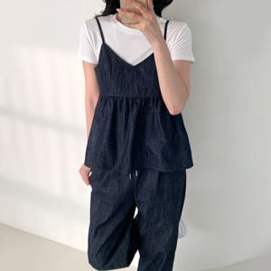 (세트 가격) 데님 셋업 생지 뷔스티에 나시 청 와이드 팬츠 청바지