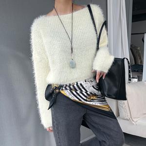 국내생산 간절기 보트넥 여성봄니트 오프숄더 레이어드 루즈핏 크롭니트