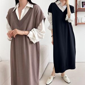 니트 롱 원피스 브이넥 조끼 베스트 레이어드 봄 하객 빅사이즈 루즈핏