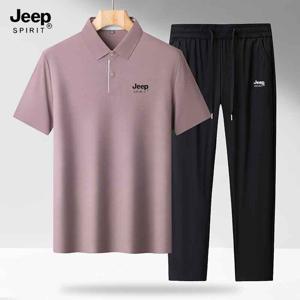 Jeep spirit 여름 뽕나무 실크 아빠룩 어버이날 선물력 터틀넥 반팔 투피스 중년 캐주얼 세트 남+팔찌
