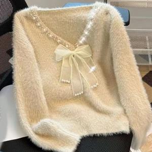 여성 가을 겨울 V넥 펄 리본 디테일 캐주얼 스타일 니트