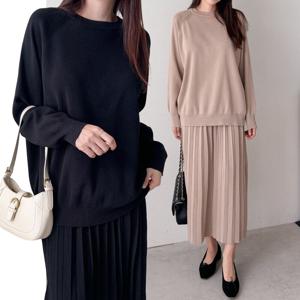 여성 니트 플리츠 스커트 세트 밴딩 롱 치마 투피스 루즈핏 봄 하객 학부모 모임 플레어 A라인 셋업