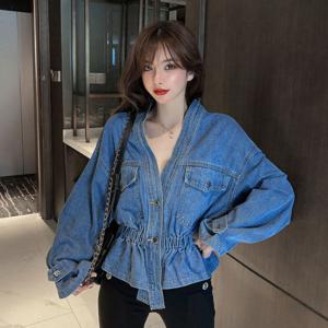 여성청자켓 봄 가을 허리밴딩 버튼 언발 숏자켓 아우터 퍼프소매 러플 빅사이즈 데님재켓 C22
