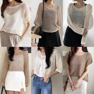 여성 니트 조끼 가디건 베스트 단추 브이넥 레이어드 빅사이즈 반팔 봄 여름 그물 크로쉐 펀칭 뜨개