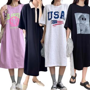여성 여름 반팔 원피스 봄 티셔츠 봄 면 빅사이즈 홈웨어 비치 면 롱원피스 루즈핏 잠옷 나시 민소매
