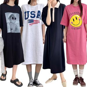 여성 롱 원피스 빅사이즈 맨투맨 카라 긴팔 티셔츠 홈웨어 오버핏 면 니트 봄 여름 반팔 박시 나시 민소매