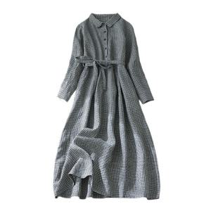 SUTA 빈티지 루즈핏 빅 사이즈 원피스 끈 여밈 린넨 셔츠형 긴팔 롱 원피스 카라넥 고방 체크 무늬 허리 끈
