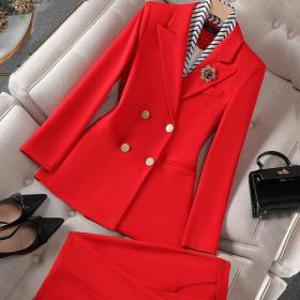 여성 레드 바지 정장 투피스 세트 더블 자켓 행사 공연 의상 슬림핏