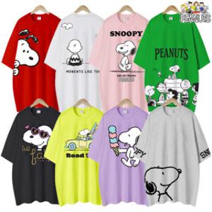 SS신상 피너츠 정품 반팔티  여성 반팔 티셔츠 스누피 빅사이즈 의류 여자 루즈핏 박스티 잠옷 여름 롱티