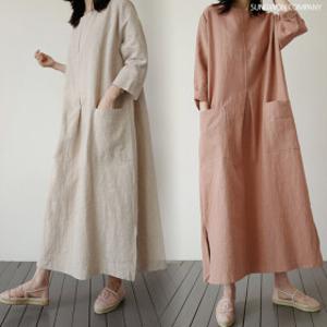 프리수 여성용 박시 루즈핏 빅사이즈 린넨 마 면 여름 5부 롱 원피스 8173린넨원피스