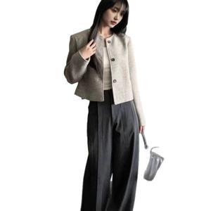 봄가을 빈티지 라운드 싱글 상의 여 스트라이프 루즈핏 샤무드 코트 심플 패션