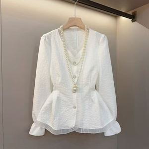 긴팔 셔츠 봄가을 여성 블라우스 허리 조임 분위기 브이넥 프렌치 톱