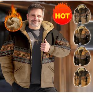 남성 겨울 폴라플리스 후드 빈티지 프린트 점퍼 후드야상