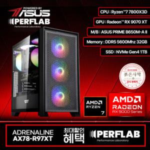 라이젠7 7800X3D RX9070XT 게이밍 컴퓨터 어드레날린 AX78-R97XT 라데온 그래픽카드 AMD 데스크탑 조립 PC
